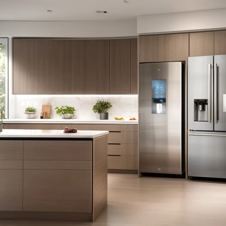 AI Kühlschrank mit digitalem Display und frischen Lebensmitteln