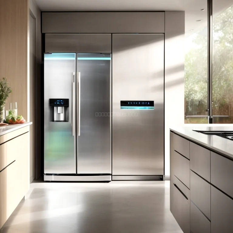 AI Kühlschrank mit digitalem Display und frischen Lebensmitteln